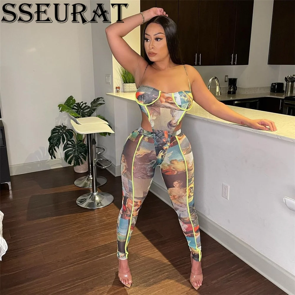 

SSEURAT Women Set Print Spaghetti Strap Sheath Elastic Bodysuit Full Length Pants Two Piece Set Female Sexy Outfits