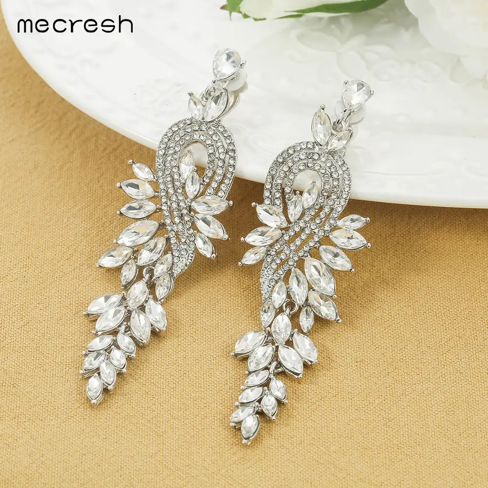 

Mecresh Silver Color Crystal Leaf Clip On Earrings for Women Horse Eye Bridal Bridesmaid Clip Earrings Without Piercing MEH946