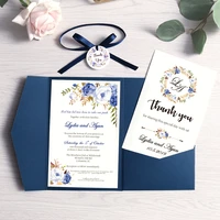 100pcs blue pink burgundy greeting cards with envelope customized party wedding invitations with ribbon and tag dh0001