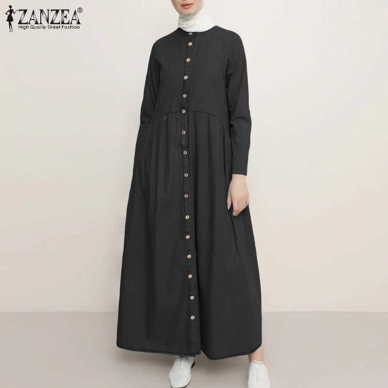 Autumn Denim Blue Maxi Long Sundress ZANZEA Fashion Women Muslim Hijab Dress Vintage Sleeve Dubai Abaya Turkey Dresses | Женская одежда