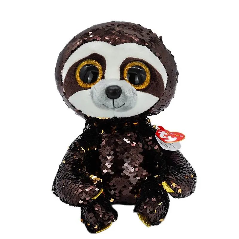 

New Ty Big Eyes Peas Plush Stuffed Toy Animal Sparkling Sequins Brown Sloth Collection Doll Child Birthday Christmas Gift 15CM