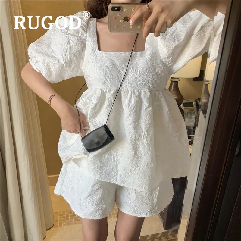 

RUGOD Square Collar Puff Sleeve Elegant Solid Blouses+High Waist All-match Solid Shorts 2020 New Summer Women's Shirt Sets