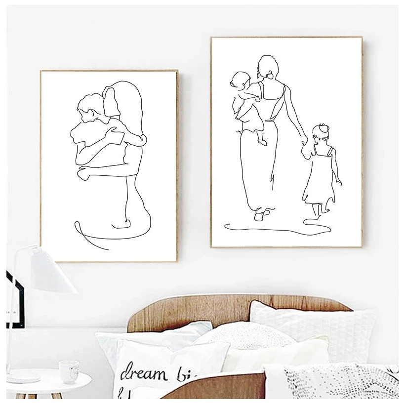 

Mother and Daughters Son Art Line Drawing Posters Abstract Minimalist Wall Art Canvas Print Painting Moder Decorative Pictures