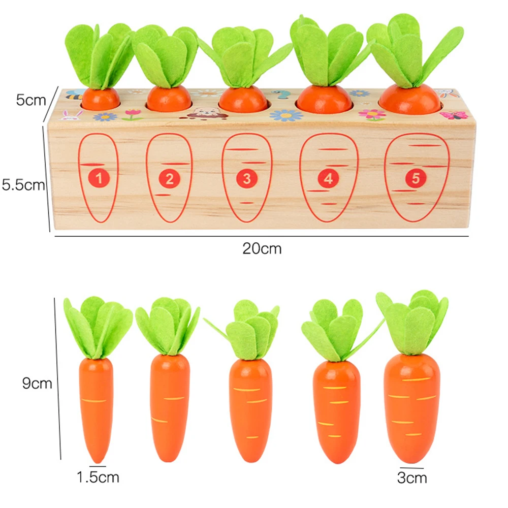 

Baby Wooden Montessori Toys Pulling Carrot Shape Matching Size Cognition Game Digital Pull Radish Memory Early Learning Gifts