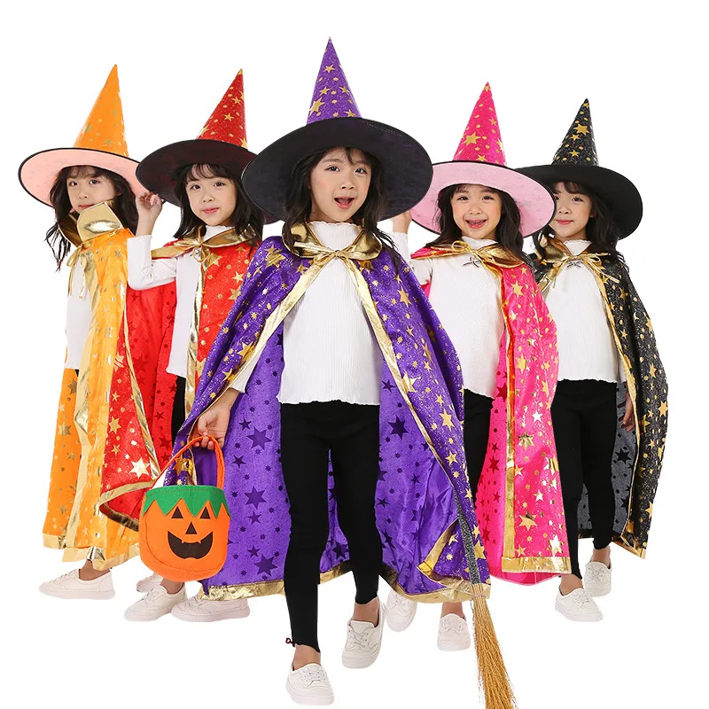 

Children Halloween Costumes Wizard Witch Cloak Cape Robe With Pointy Hat Girls Boys Cosplay Kids Birthday Party Supplies