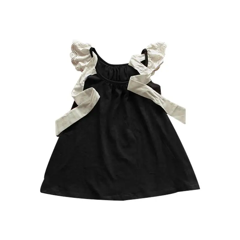 

Toddler Girls Summer Sleeveless Dress Children Cotton Casual Vest Dresses with Ruffle Collar Fashion Kids Black One Piece Frock