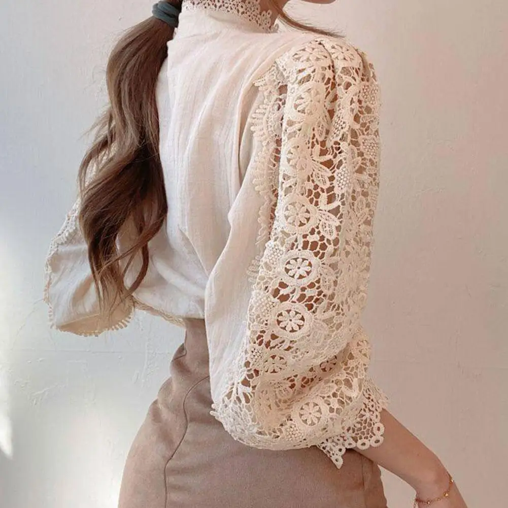 New 2021 Sweet Hollow Out Lace Patchwork Women Blouse Shirt Flower Stand Collar Button Sleeve White Top Petal Blusas V5L5