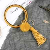 autumnwinter woman pu leather metal colorful keychain big circle wrist jewelry hair ball tassel pendant bracelet key ring bulk