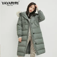 yaya new womens winter down jacket with knee length loose thick real fur collar hooded down coat windproof commuter coat