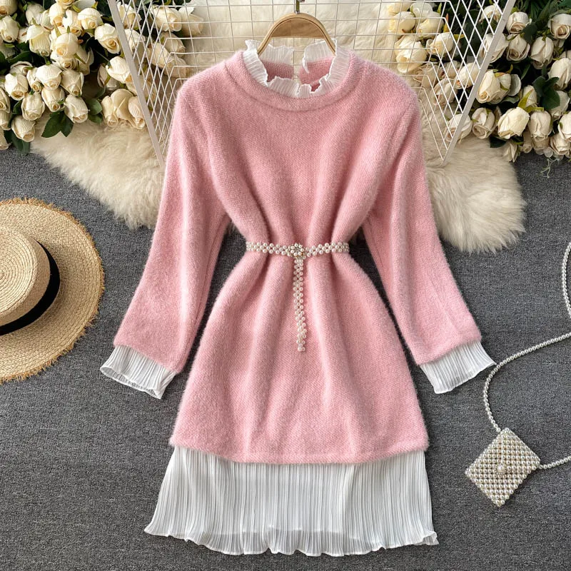 

Lady Chic Sweet Stand Collar Color Splicing A-line Dress Autumn Winter Women Fashion Long Sleeve Elegant Vestidos De Mujer J38