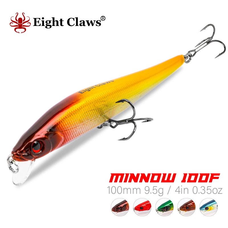 

EIGHT CLAWS 100mm 9.5g Floating Water Minnow Hard Lures Artificial Jerkbait Wobbler Topwater Swimbait with High Quality Hooks
