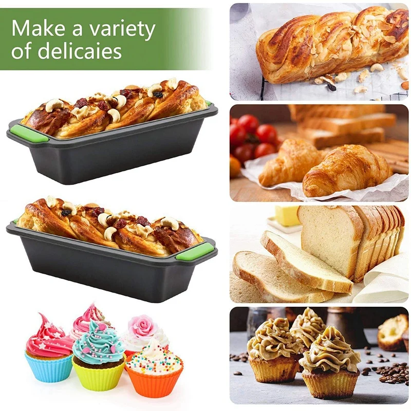 

Set of 2 Slicone Bread Tins for Baking + 10Pcs Reusable Cupcake Molds, Non-Stick Rectangular Loaf Tin Bakeware Set,Bread