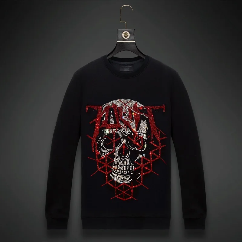 

Men Skull 2021 Rhinestones Hoodie Sweatshirt Fashion Streetwear Full Pullover Hoodie Black O Neck Cotton Mens Autumn Clothes 6XL