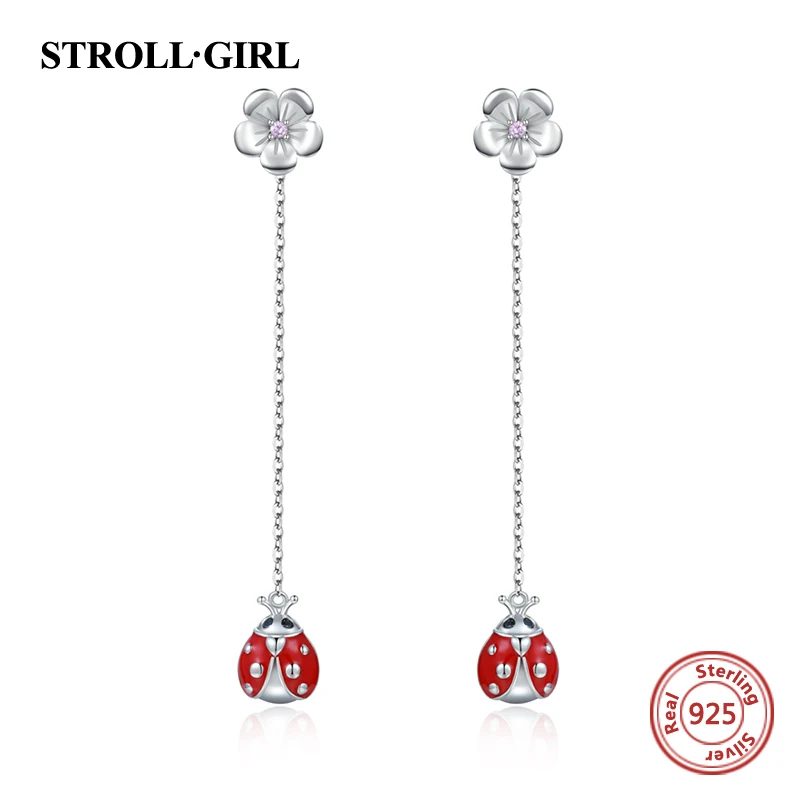 Женские длинные серьги гвоздики Strollgirl из серебра 925 пробы с красной эмалью божьей