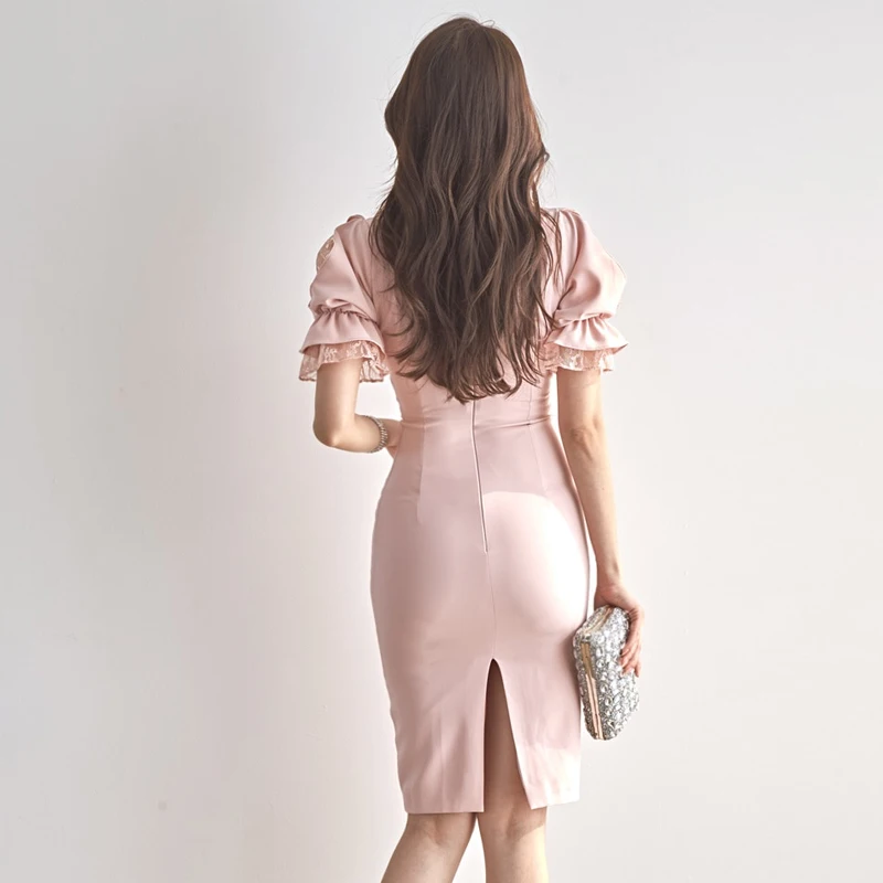 

2020 summer new Korean version of sexy V-neck lace fight receiving waist was thin package hip dress