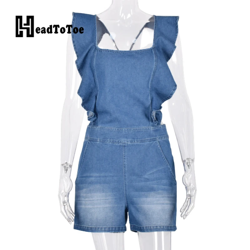 Женские джинсовые комбинезоны с карманами и оборками открытой спиной квадратным