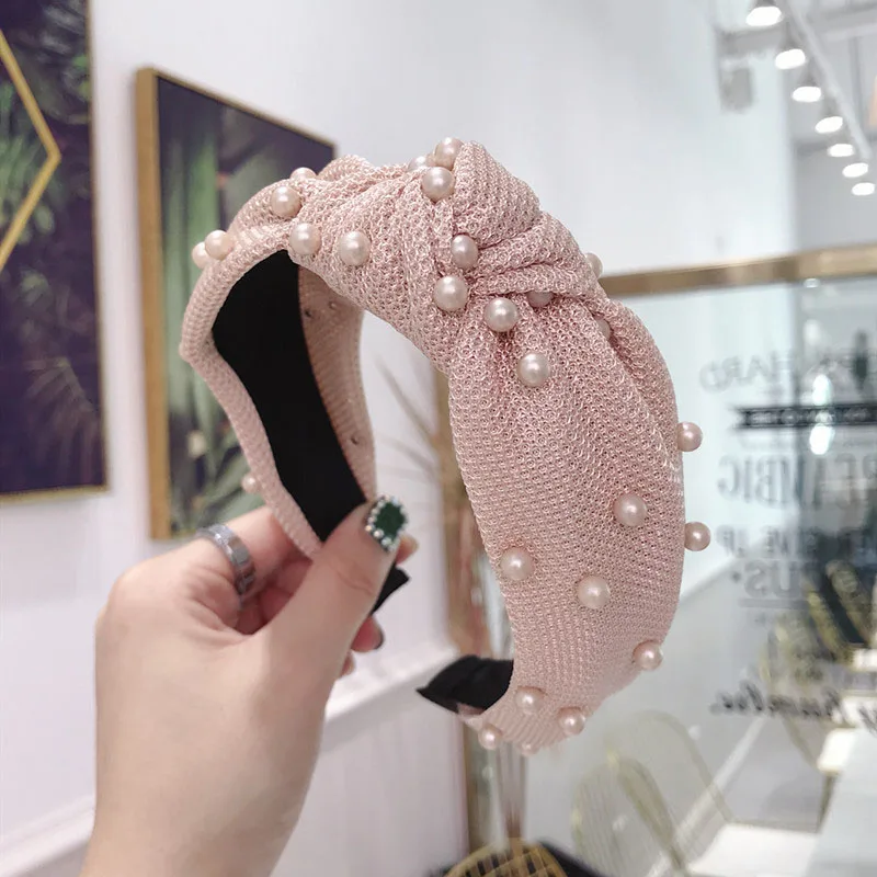 Корейские сетчатые клетчатые тканевые ленты для волос с бусинами ободок ручной