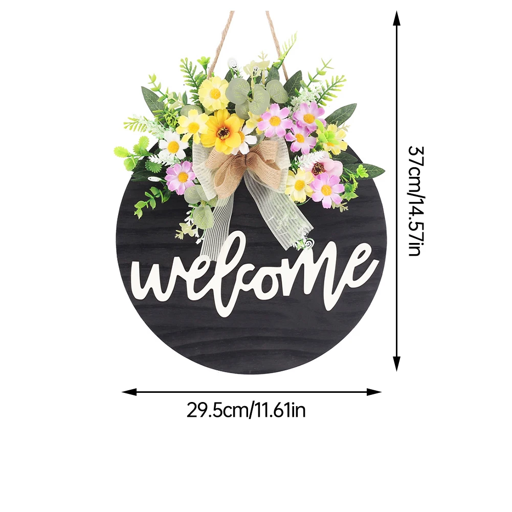 

Modern Round Front Door Welcome Sign Hanging Wood Welcome Plaque Rustic Farmhouse Decoration with Artificial Flowers