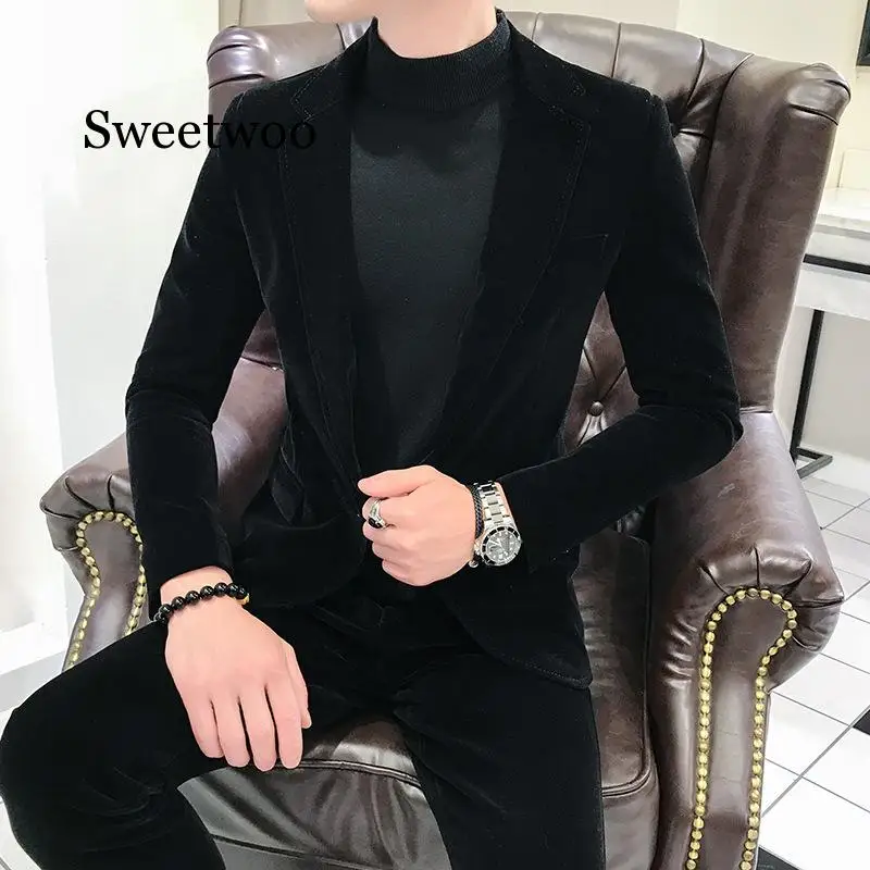 2020 Autumn New Style Men's Suede Blazer Stylish Slim Fit Single-Button Plain Jacket Suit Pants Set | Мужская одежда