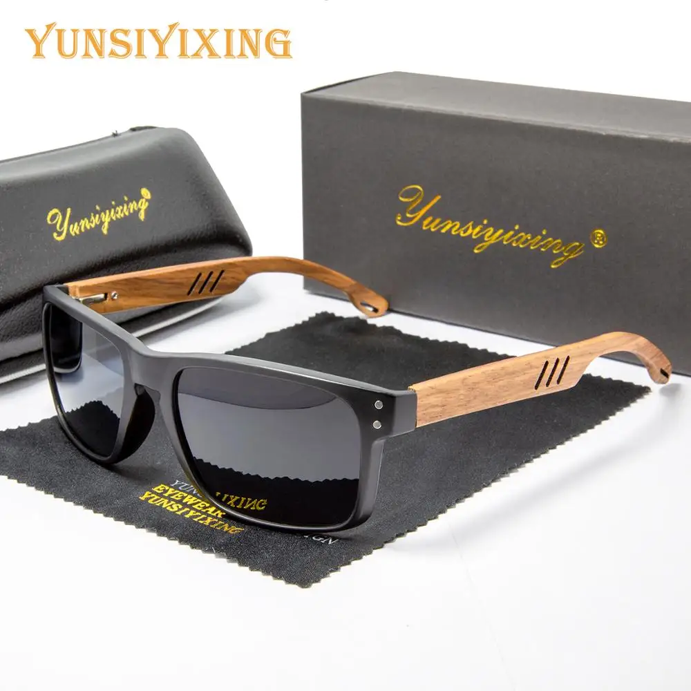 YUNSIYIXING Wooden Polarized Sunglasses Men Square Resin Sun Glasses Natural Wood UV400 Mirror Eyewear Men/Women Oculos de sol