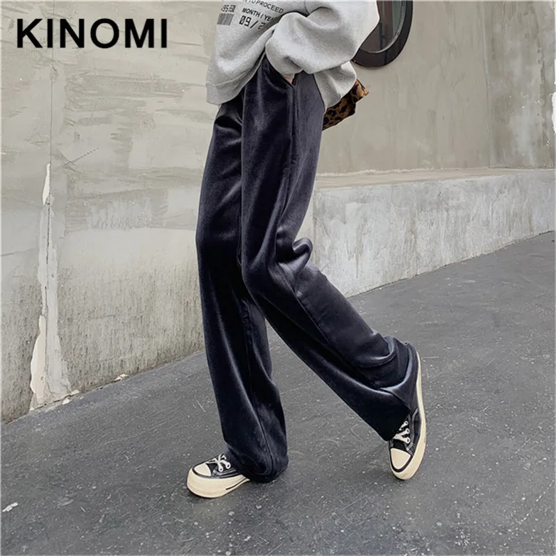 KINOMI зимние утепленные бархатные теплые женские широкие штаны черные с высокой