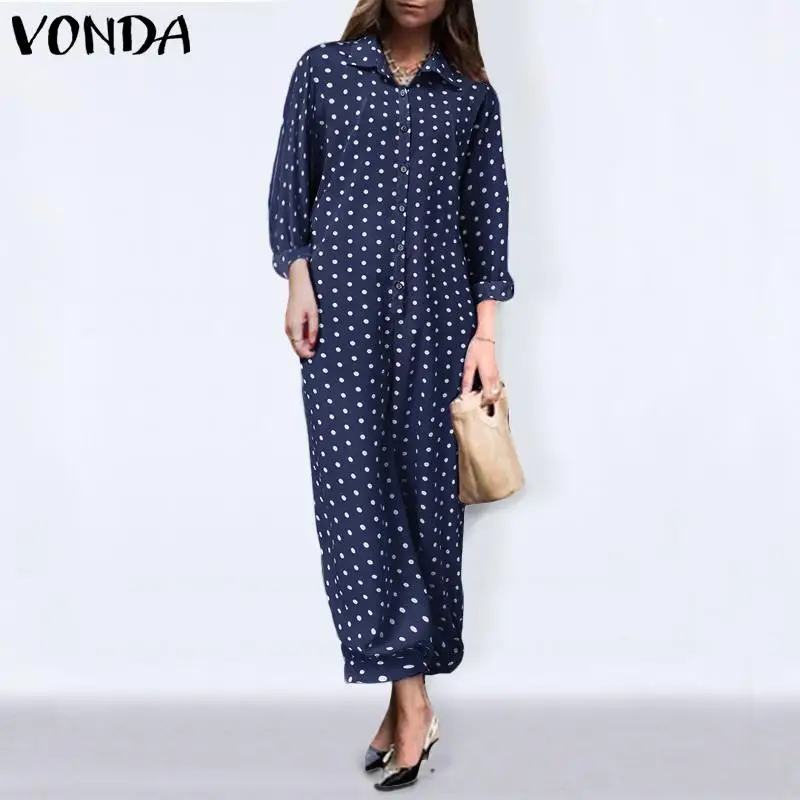 

Office Overall Casual Long Sleeve Lapel Button Up Jumpsuits VONDA 2021 Vintage Polka Dot Print Long Playsuits Pantalon Plus Size