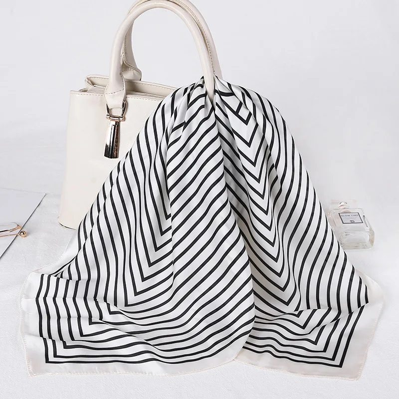 

2021 Striped Silk Scarf Women Luxury Satin Neck Head Scarfs Square Scarves Shawl Wrap Bandana Hair Tie Kerchief Foulard Femme