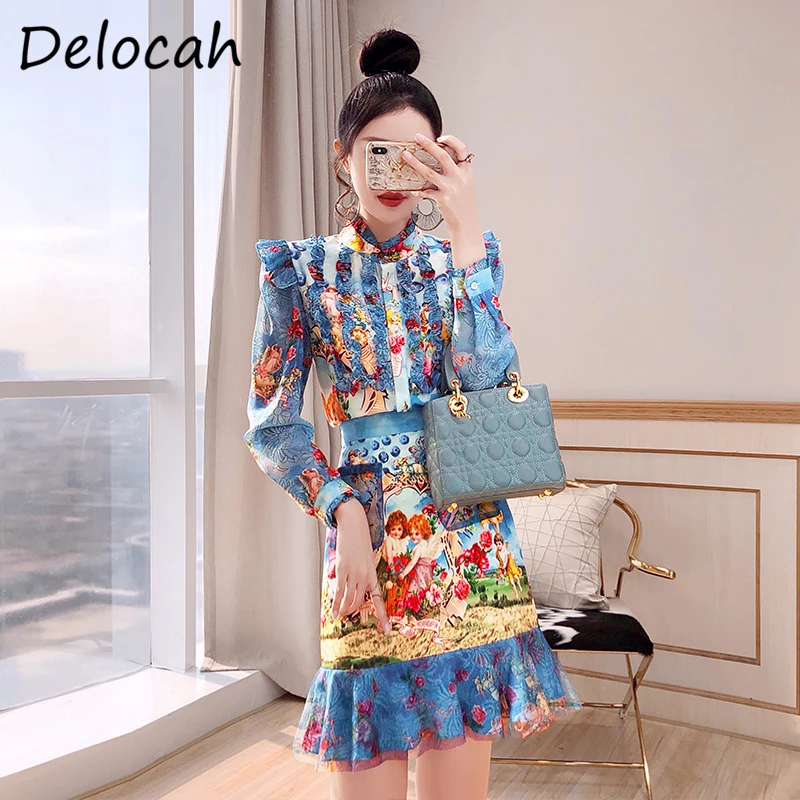 

Delocah Women Spring Fashion New 2021 Runway Skirt Set Lantern Sleeve Ruffles Blouses + Print Mermaid Skirts 2 Two Pieces Suits