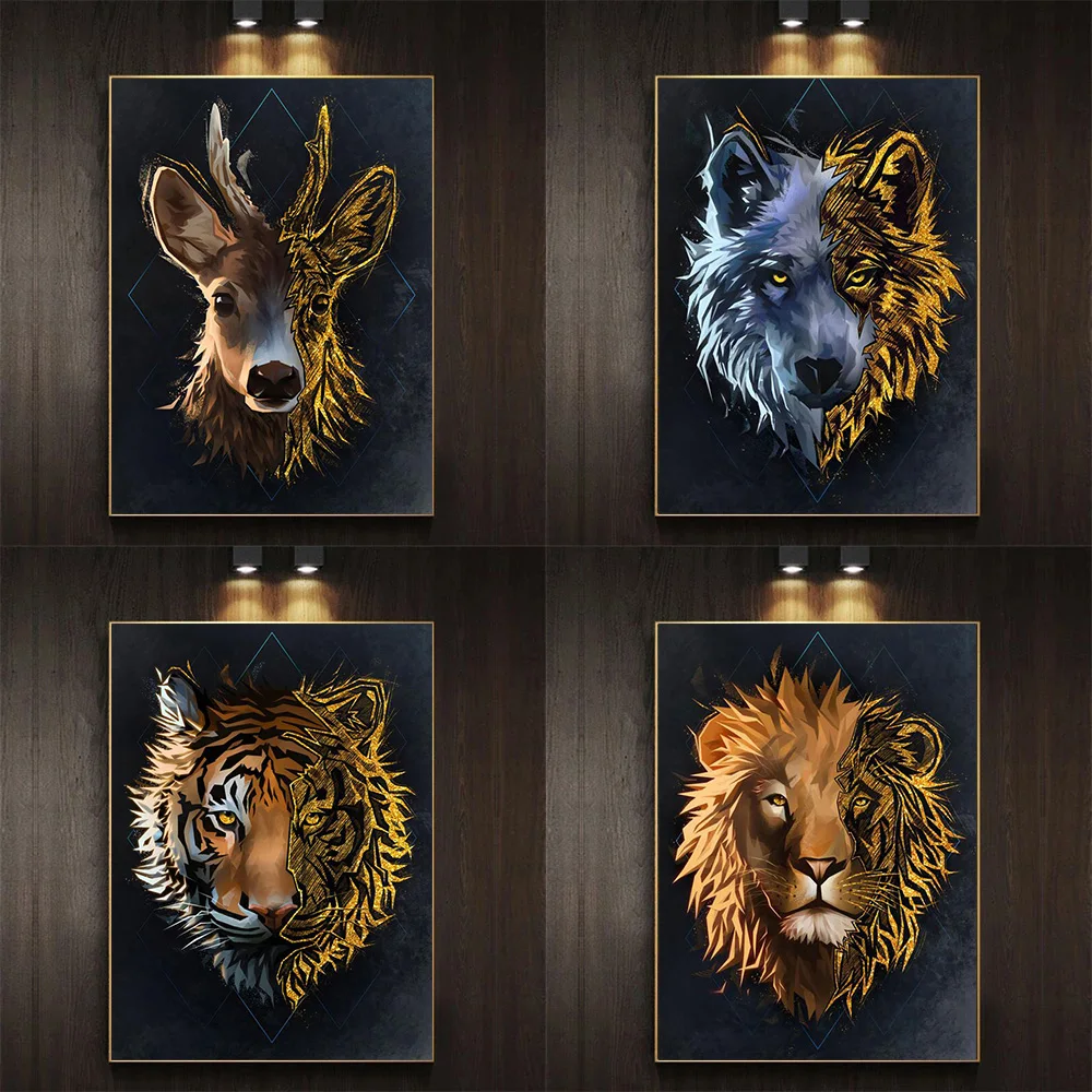 

Abstract Animal Army General Wolf Deer Lion Tiger Posters Nordic Wall Art Print Pictures Canvas Painting Living Room Decoration