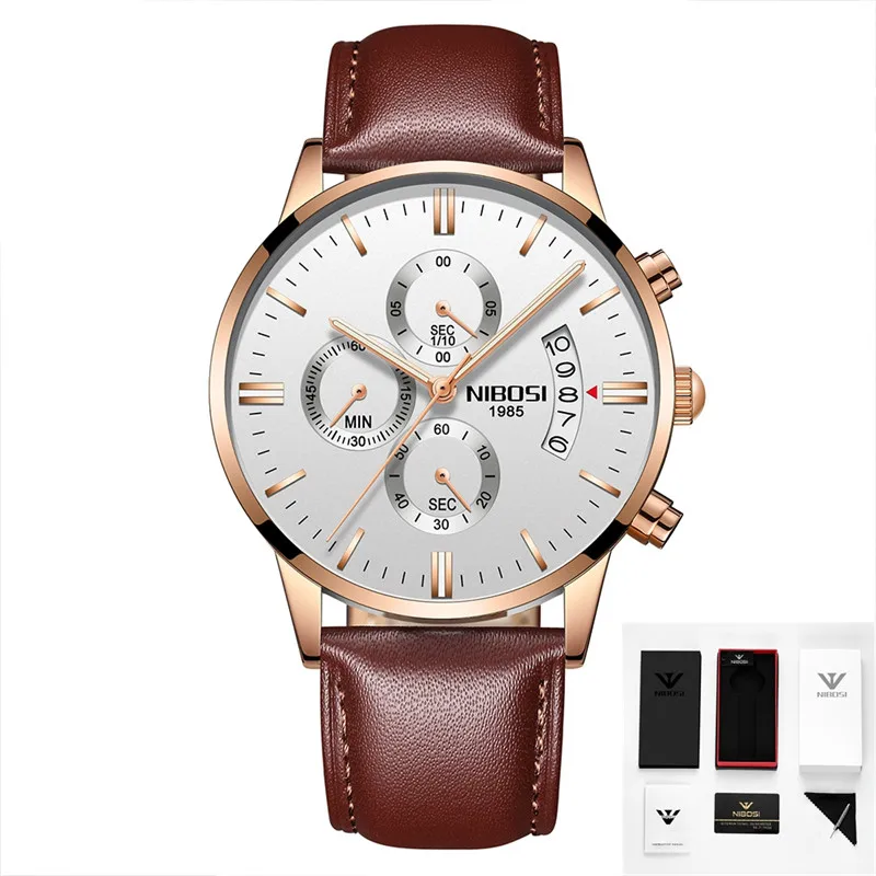 16 with box NIBOSI часы Relogio Masculino люксовый бренд Мужские Хронограф деловые Часы мужские стальные кожаные водонепроницаемые кварцевые наручные часы - Цвет: 16 with box