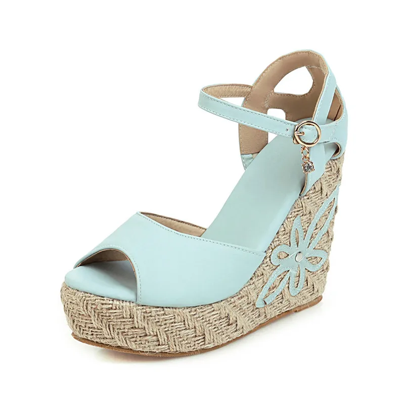 

FOREADA Sandals Espadrille Platform Super High Heels Buckle Wedges Heel Sandals Woman Shoes Peep Toe Lady Footwear Large Size 46