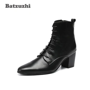 Batzuzhi Cowboy Boots Men High Heels 6.8cm Black Soft Leather Ankle Boots Thick Heels Men Shoes Zapatos Hombre Lace Up Man Boots