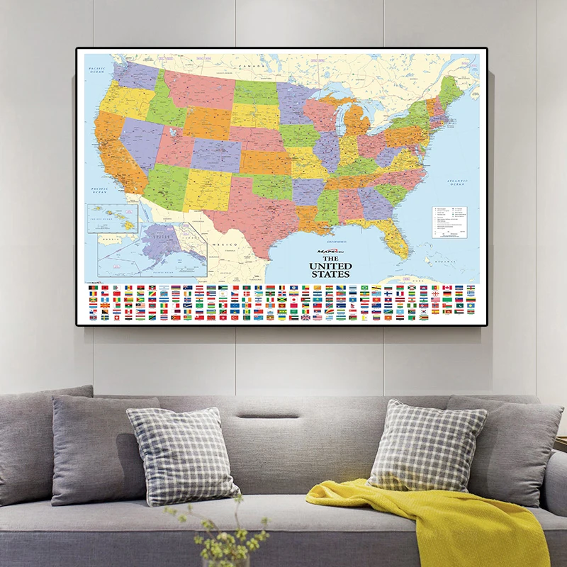 150x100cm Map of The United States with National Flags Non-woven Canvas Painting Vintage Poster Card Home Decor School Supplies |