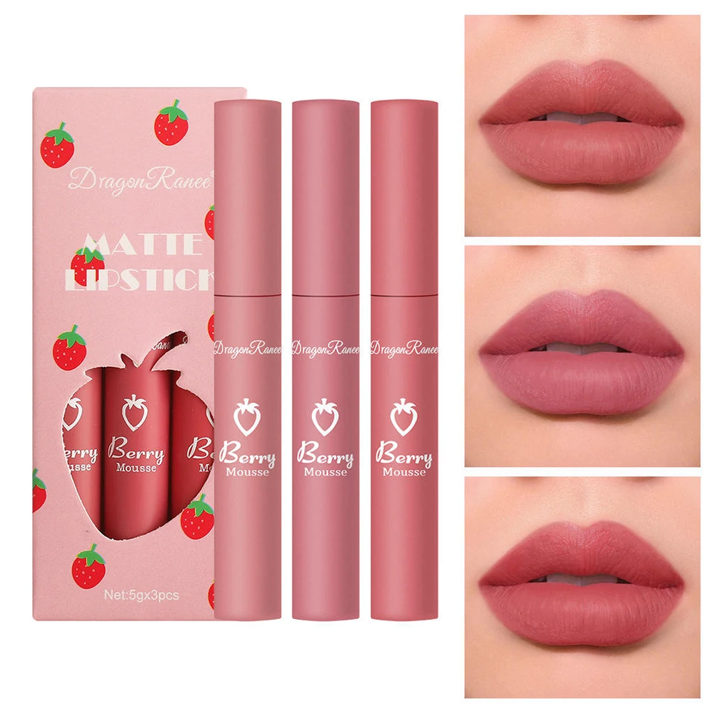 

3 Pcs/Set Strawberry Matte Lip Gloss Long Lasting Tint Waterproof Matte Lip Glaze Set kawaii Makeup Women Cosmetics Wholesale