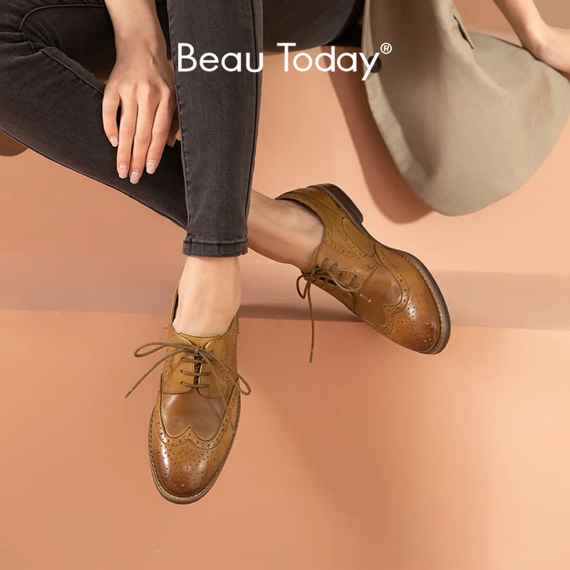 

BeauToday Brogue Shoes Women Genuine Cow Leather Waxing Wingtip Round Toe Lace-up Closure Oxfords Lady Flat Shoes Handmade 21495