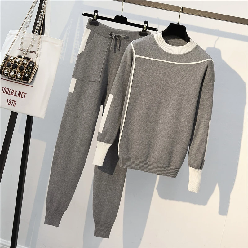 

Woman Sweater Suits Knit Casual Tracksuits Crewneck Pullovers+Drawstrings Elastic Pants Two Piece Sets Female Outfits TZ93
