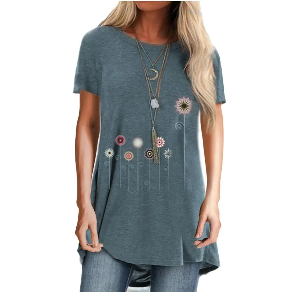

Floral Print Woman tshirts Summer Casual Short Sleeve Tshirt for Women Irregular Hem Loose O Neck Tees Crop Tops femme t-shirts