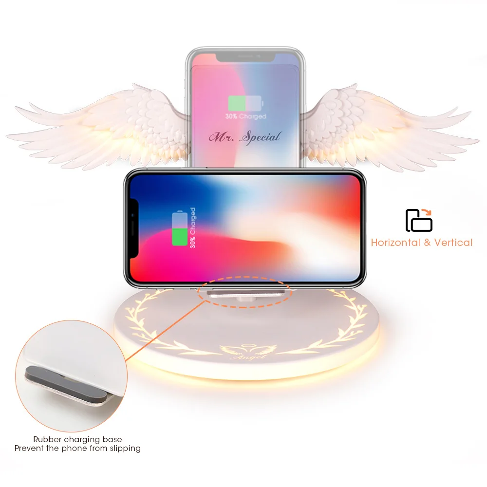 10W Angel Wings Creative Wireless Phone Charger Smartphone Holder Light Fast for iPhone 8/X/Xs/X max/XR Samsung Note/S10 |