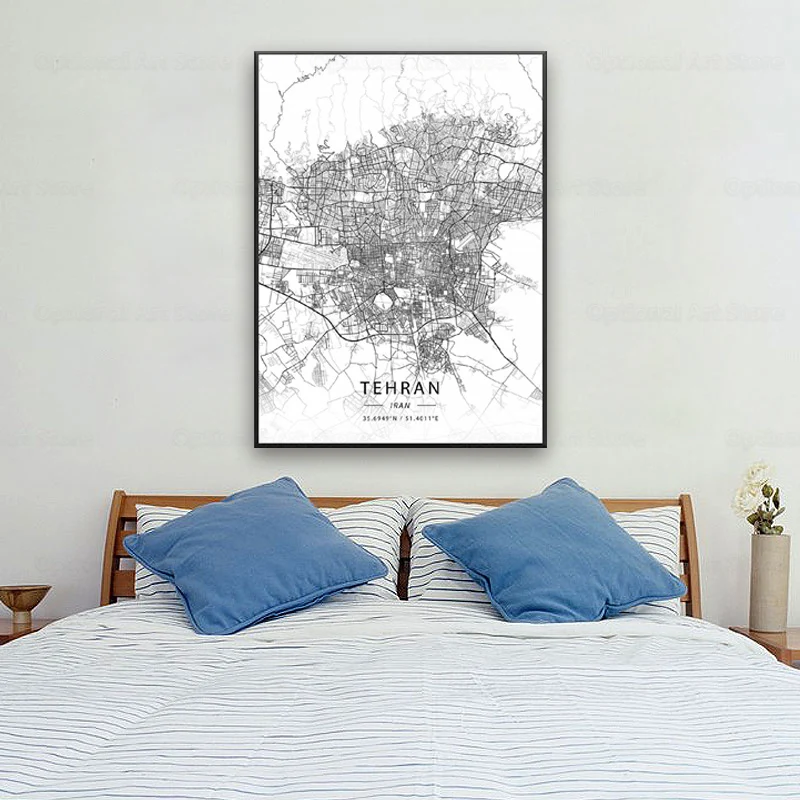 Черно-белый Тегеран Иран белая Широта Долгота холст Художественная карта Плакат