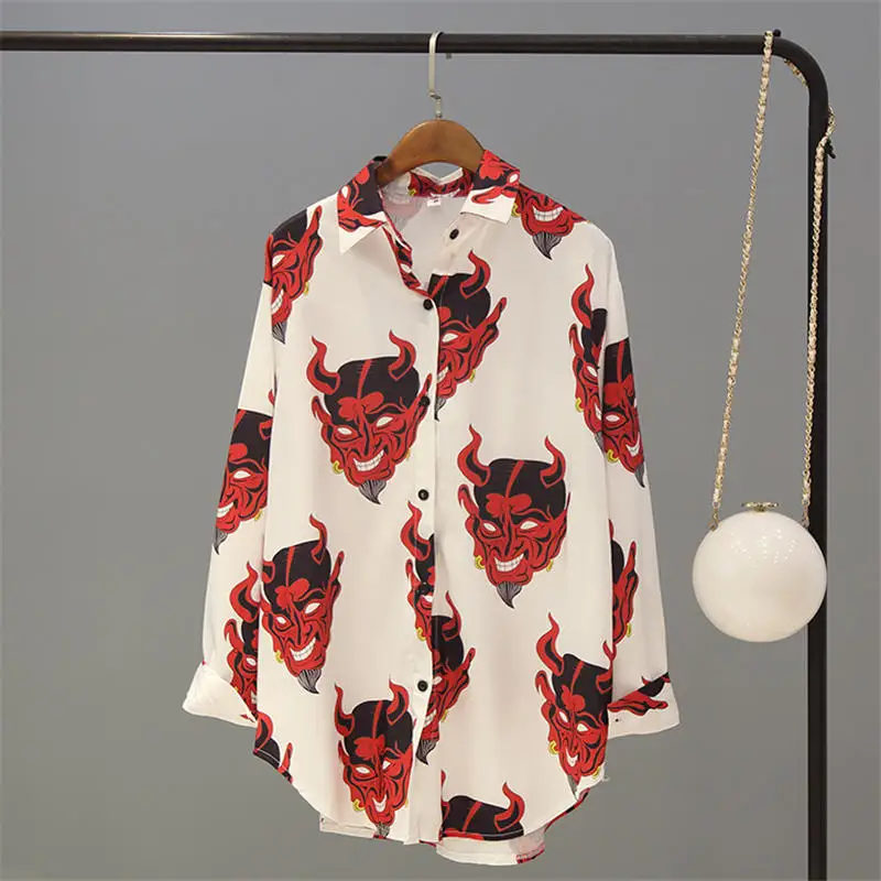 white shirt Neploe, Японские Женские блузки, с принтом дьявола, с длинным рукавом, розовая блузка, Harajuku, блузки для женщин, топы, женские длинные рубашки 36960 - Цвет: white shirt