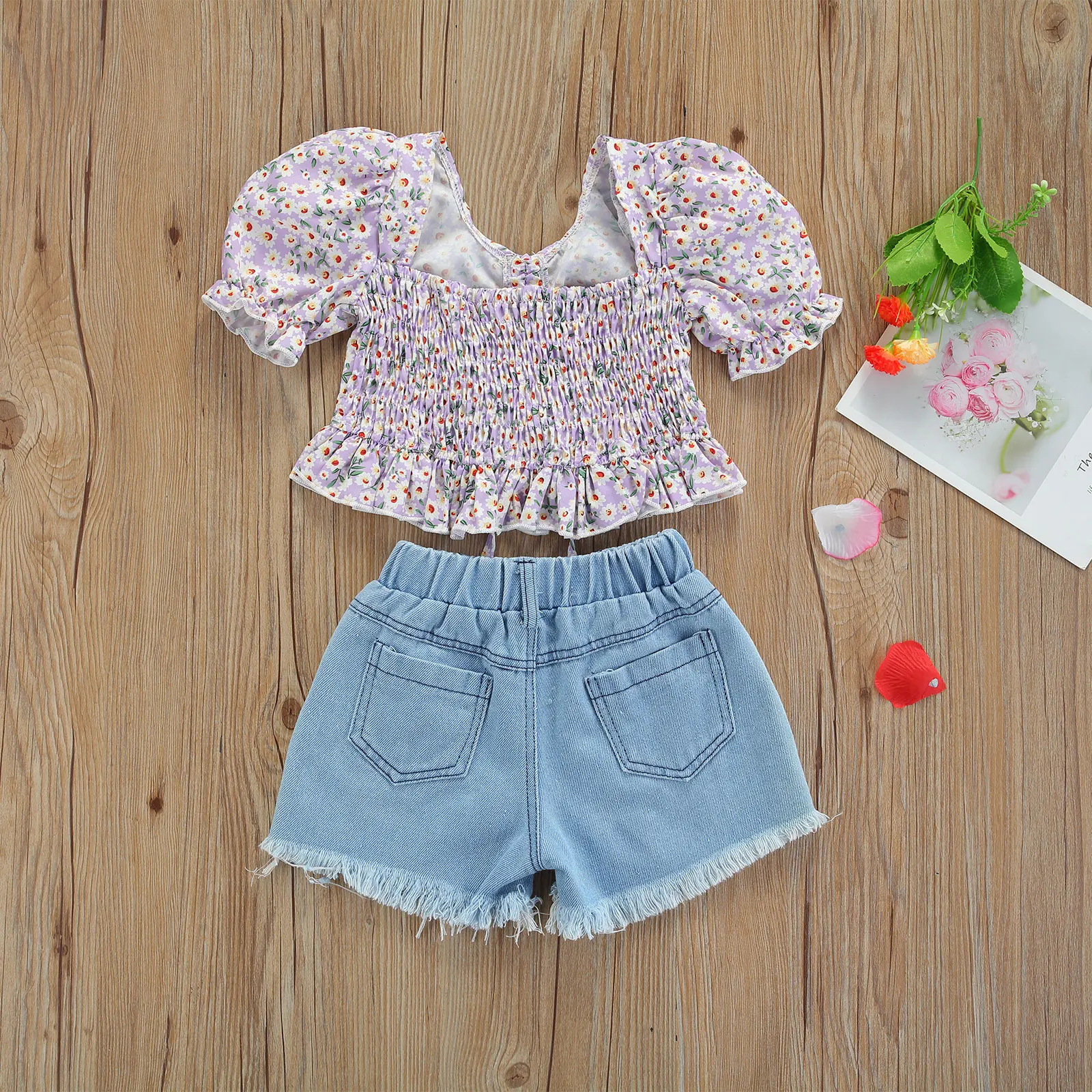 

Lioraitiin 2-7Years Toddler Girl 2Pcs Summer Clothing Short Sleeve Top Shorts Floral Lace Up Ruffle Shirt Denim Ripped Pants