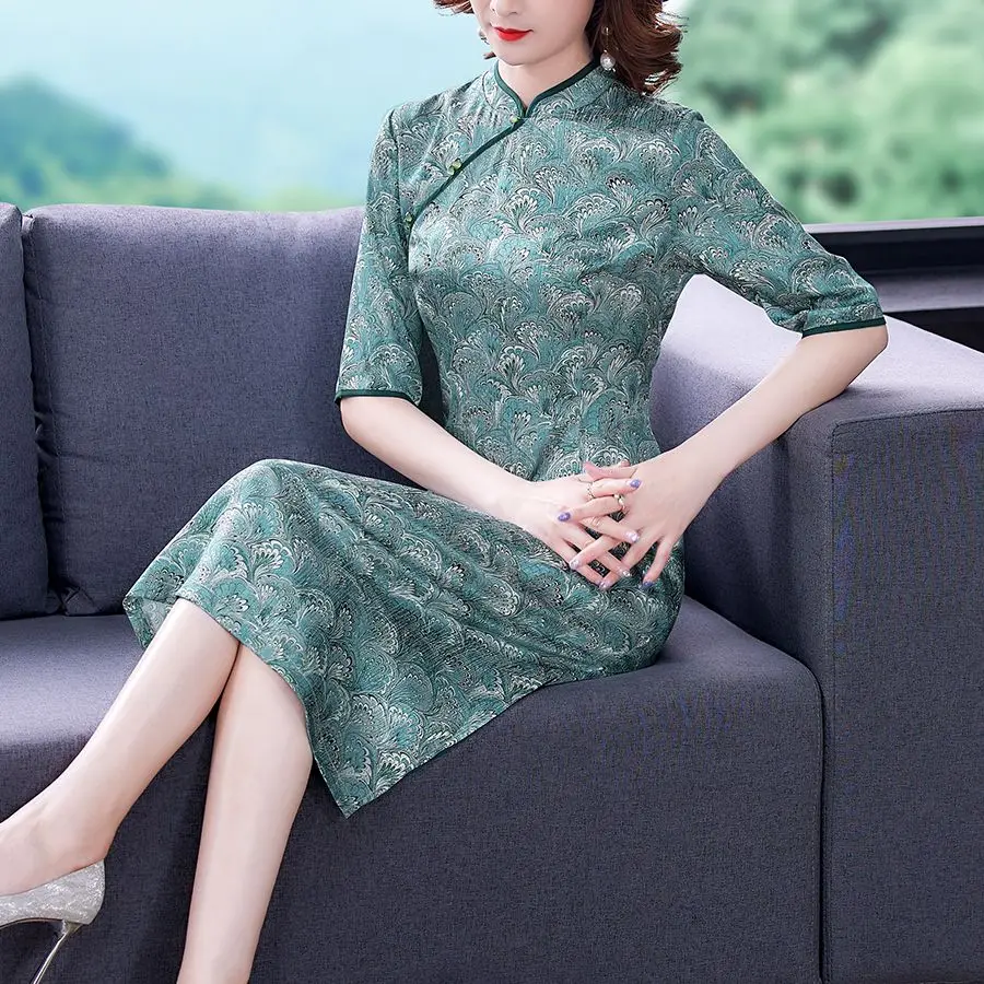 

COIGARSAM Women Dress Summer 2021 New Cheongsam Vintage Print Short Sleeve Stand Neck Zipper Design And Color Dresses Traf Robe