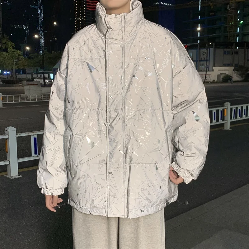 

Winter Thickened Bread Coat Cotton Padded Jacket Men's Fashion Loose Stand Collar Reflective Tops Outdoor Sport Tooling Overcoat