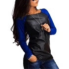 Женские осенние Цвет с вышивкой с длинными рукавами и круглым вырезом из искусственной кожи блузка топ с длинными рукавами и круглым вырезом из искусственной кожи блузка Топ для женщин; Сезон осень