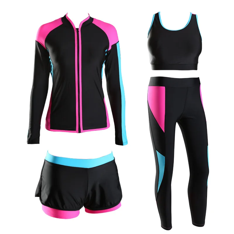 Women Sexy 4 Pieces Professional Swimsuit Push Up Monokini Ruffle Bathing Suit Rash Guard Floral Beach Wear Diving WetSuit