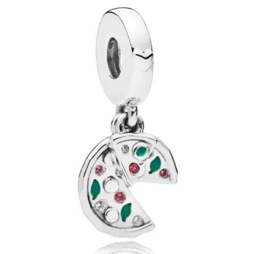 

Genuine 925 Sterling Silver Charm Green Enamel Passion For Pizza With Crystal Beads Fit fashion Bracelet & Necklace DIY Jewelry
