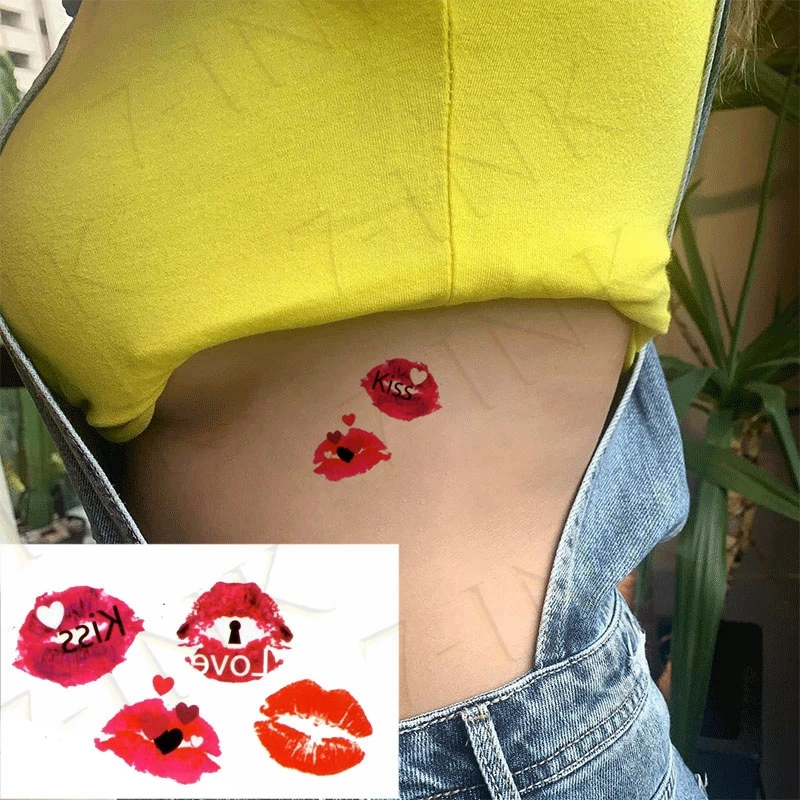 Водостойкая Временная тату наклейка энтузиазм красные губы слово kiss переводка