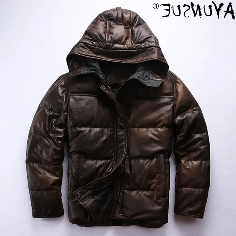 

New 2021 Genuine Sheepskin Leather Jacket Men 20% Duck Down Jackets Hooded Coat Thick Winter Clothes Mens Veste LXR925