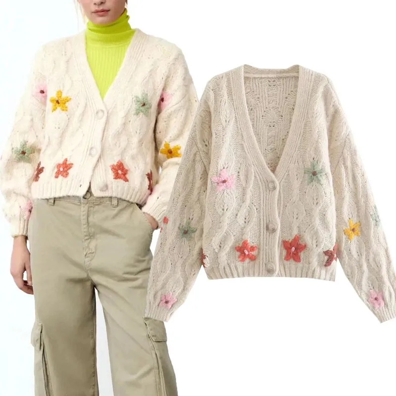 

Женский Укороченный кардиган с вышивкой Za, вязаный Свободный кардиган с цветочной вышивкой, Элегантные вязаные топы, зима 2021