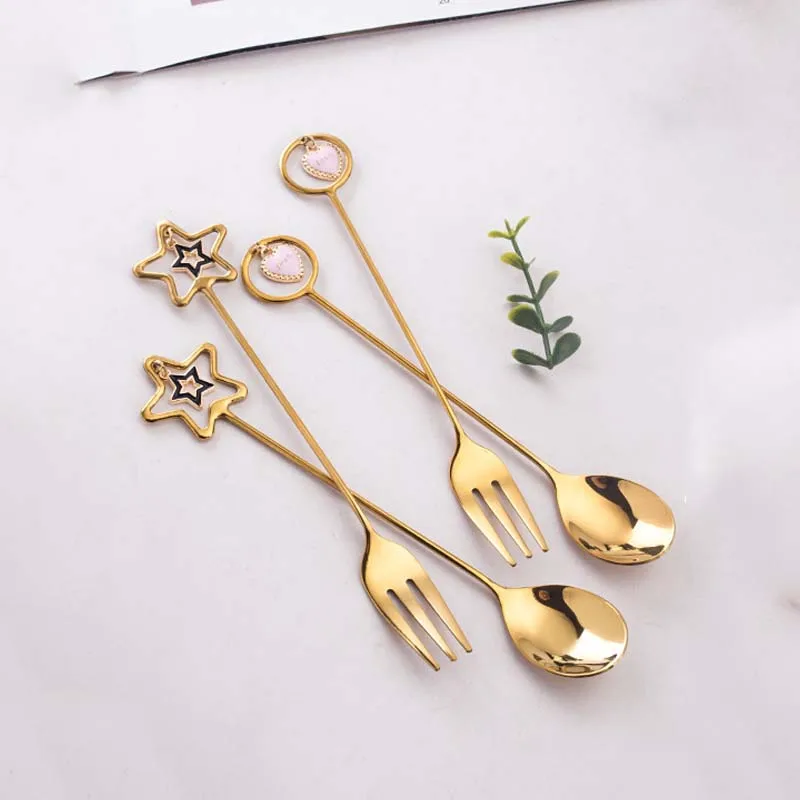 

Stainless Steel Coffee Spoon Fork Creative Love Star Pendant Housewares Kitchen Golden Spoons Coffee Desserts Tools Wedding Gift